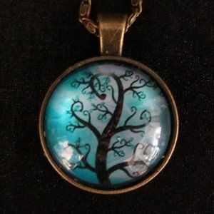 New World Glass Necklace Colorful Tree of Life Cabochon Pendant Brass Unisex 18"